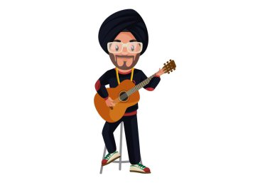 Punjab şarkıcısı gitar çalıyor. Vektör grafik çizimi. Beyaz arka planda tek başına.