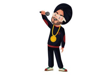 Punjabi şarkıcısı mikrofonu elinde tutuyor ve dans ediyor. Vektör grafik çizimi. Beyaz arka planda tek başına.