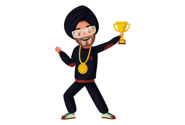 Cantante Punjabi Tiene Trofeo Mano Ilustración Gráfica Vectorial Individualmente Sobre — Vector de stock