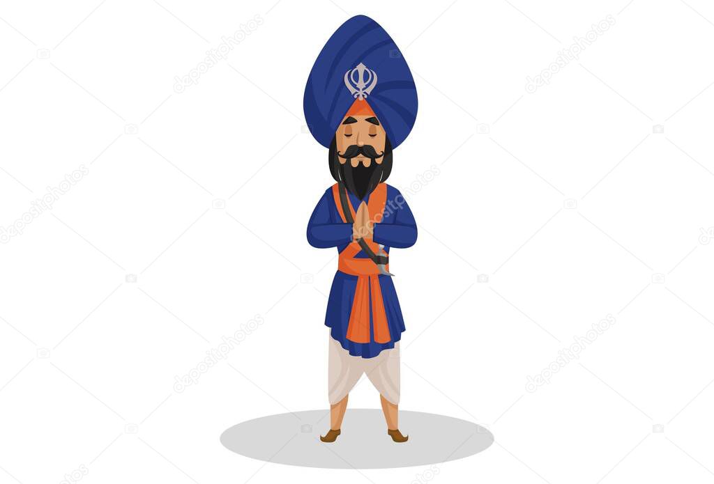 Nihang sardar is standing with greet hands. Vector graphic illustration. Individually on a white background.
