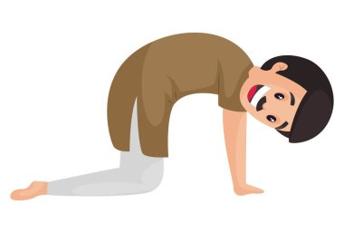 Mutlu adam kedi yoga pozları veriyor. Vektör grafik çizimi. Beyaz arka planda tek başına.