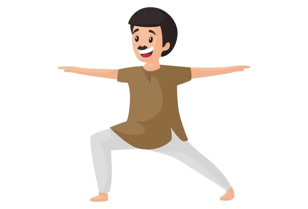 Uomo Felice Sta Facendo Virabhadrasana Yoga Pose Illustrazione Grafica Vettoriale — Vettoriale Stock