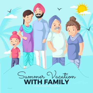 Aile afişi tasarım şablonuyla yaz tatili. Vektör grafik illüstrasyonu.