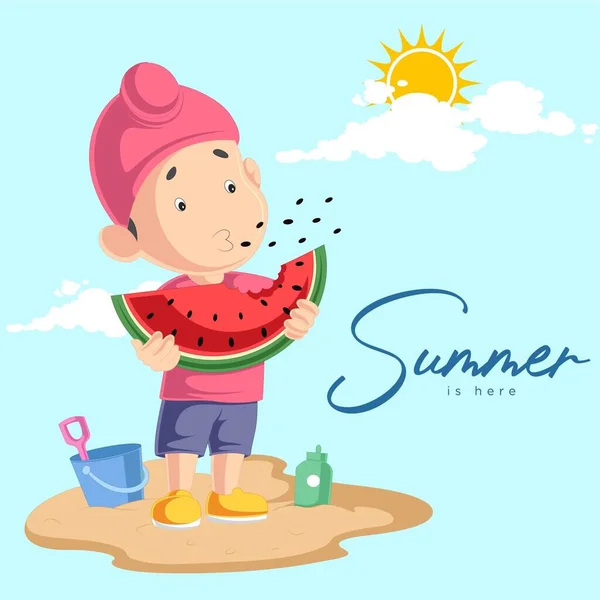 Der Sommer Ist Und Punjabi Kinder Genießen Wassermelonen Vektorgrafische Illustration — Stockvektor