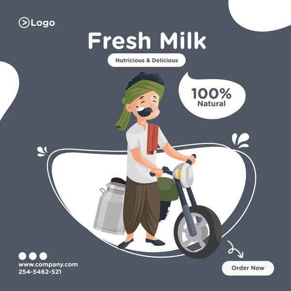 フレッシュミルクバナーデザイン ミルクマンはバイクで牛乳を売るつもりだ ベクトルグラフィックイラスト — ストックベクタ