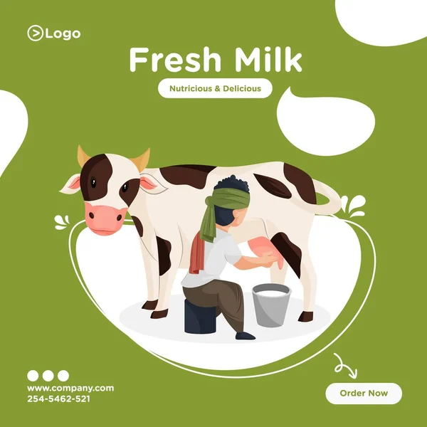 Leite Fresco Design Banner Milkman Está Extrair Leite Vaca Balde —  Vetores de Stock