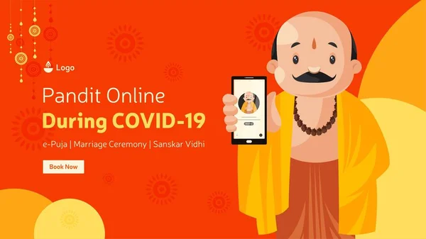 Pandit Online Během Covid Pro Puja Banner Design Šablony Vektorová — Stockový vektor