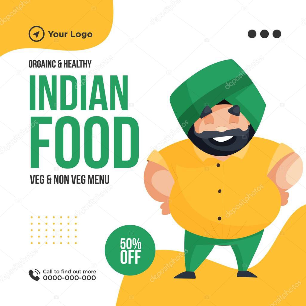 Banner design of organic and healthy indian food template. Vector graphic illustration. 
