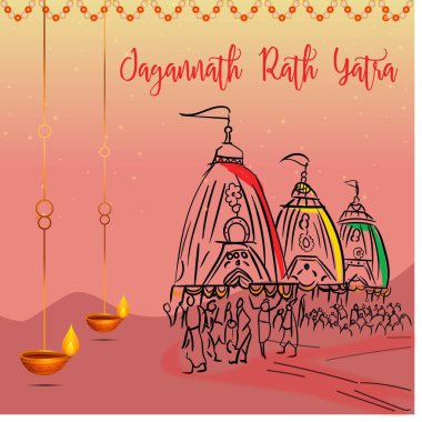 Lord Jagannath, Balabhadra ve Subhadra 'nın tanrısı Ratha Yatra at arabasında. Vektör grafik illüstrasyonu.