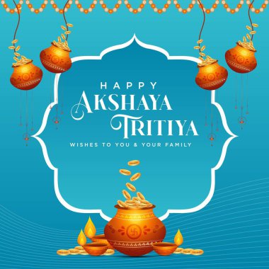 Mavi arka planda mutlu Akshaya Tritiya festivali şablonu tasarımı. Vektör grafik illüstrasyonu.