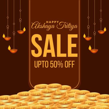 Kahverengi arka planda mutlu Akshaya Tritiya satış şablonu tasarımı. Vektör grafik illüstrasyonu.