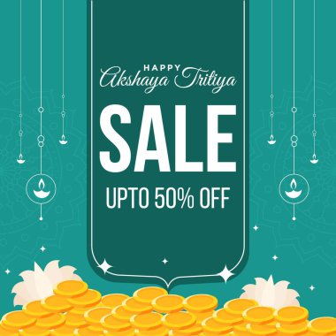 Mutlu Akshaya Tritiya satış festivali şablonunun pankart tasarımı. Vektör grafik illüstrasyonu.