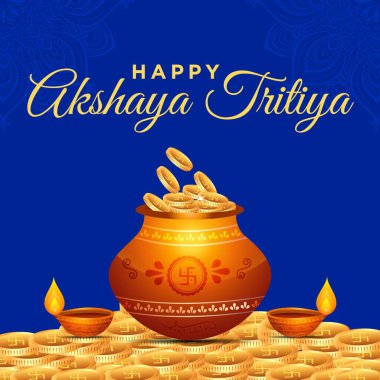 Mavi arka planda mutlu Akshaya Tritiya festivalinin afiş tasarımı. Vektör grafik illüstrasyonu.