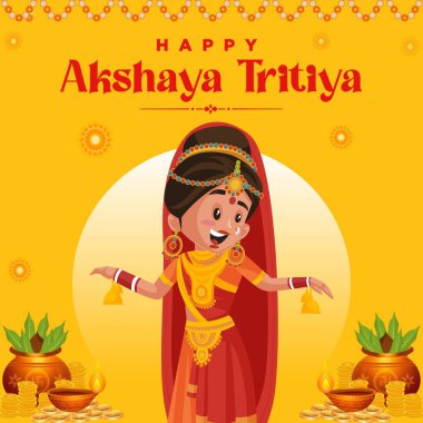 Sarı arka planda mutlu Akshaya Tritiya festivali afişi tasarımı. Vektör grafik illüstrasyonu.