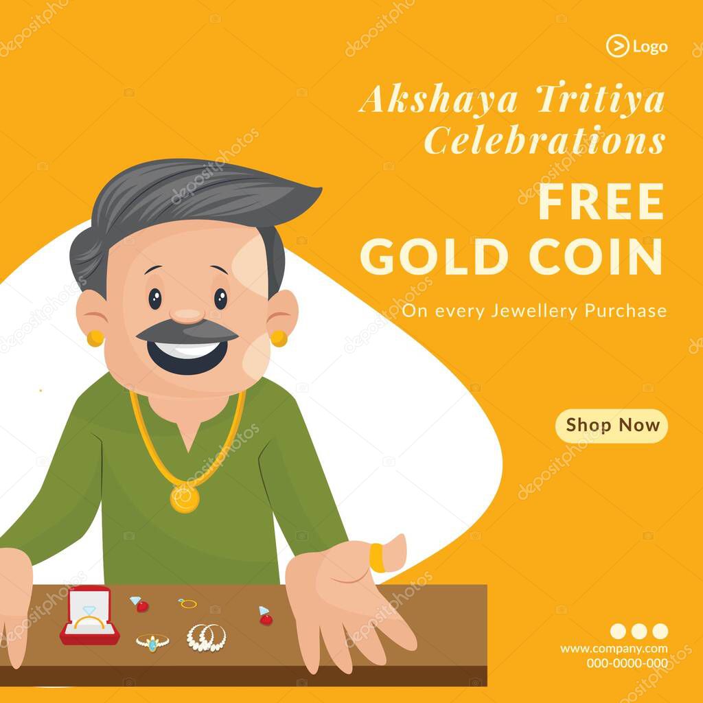 Akshaya Tritiya celebrations free gold coin on every jewellery purchase banner design on yellow background.