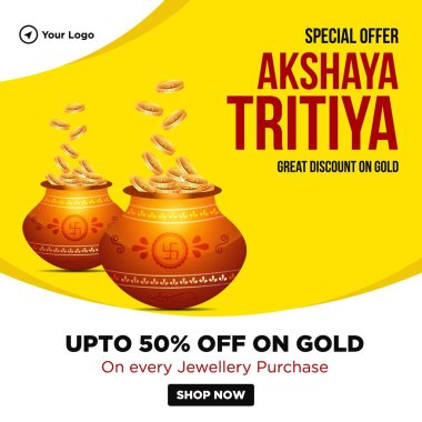 Akshaya Tritiya festival indirim şablonunun yaratıcı pankart tasarımı. Vektör grafik illüstrasyonu.