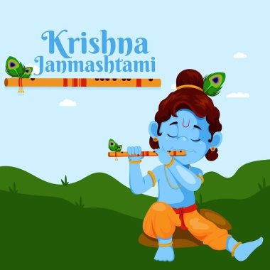 Hint festivali Krishna janmashtami karikatür stili illüstrasyonunun bayrak tasarımı.