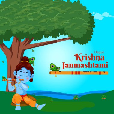 Mutlu Krishna Janmashtami Hint festivali şablonunun bayrak tasarımı.