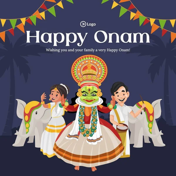 Design Banner Feliz Modelo Estilo Desenho Animado Onam — Vetor de Stock