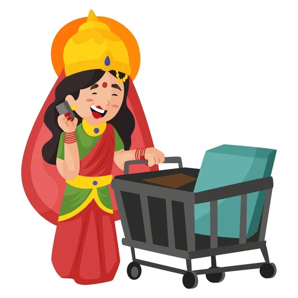 Diosa Lakshmi Está Mostrando Tarjeta Sosteniendo Carrito Compra Mano Ilustración — Vector de stock