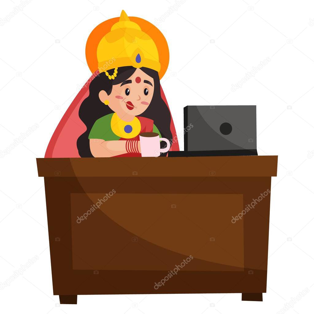 Goddess Lakshmi is working on the computer. Vector graphic illustration. Individually on white background.