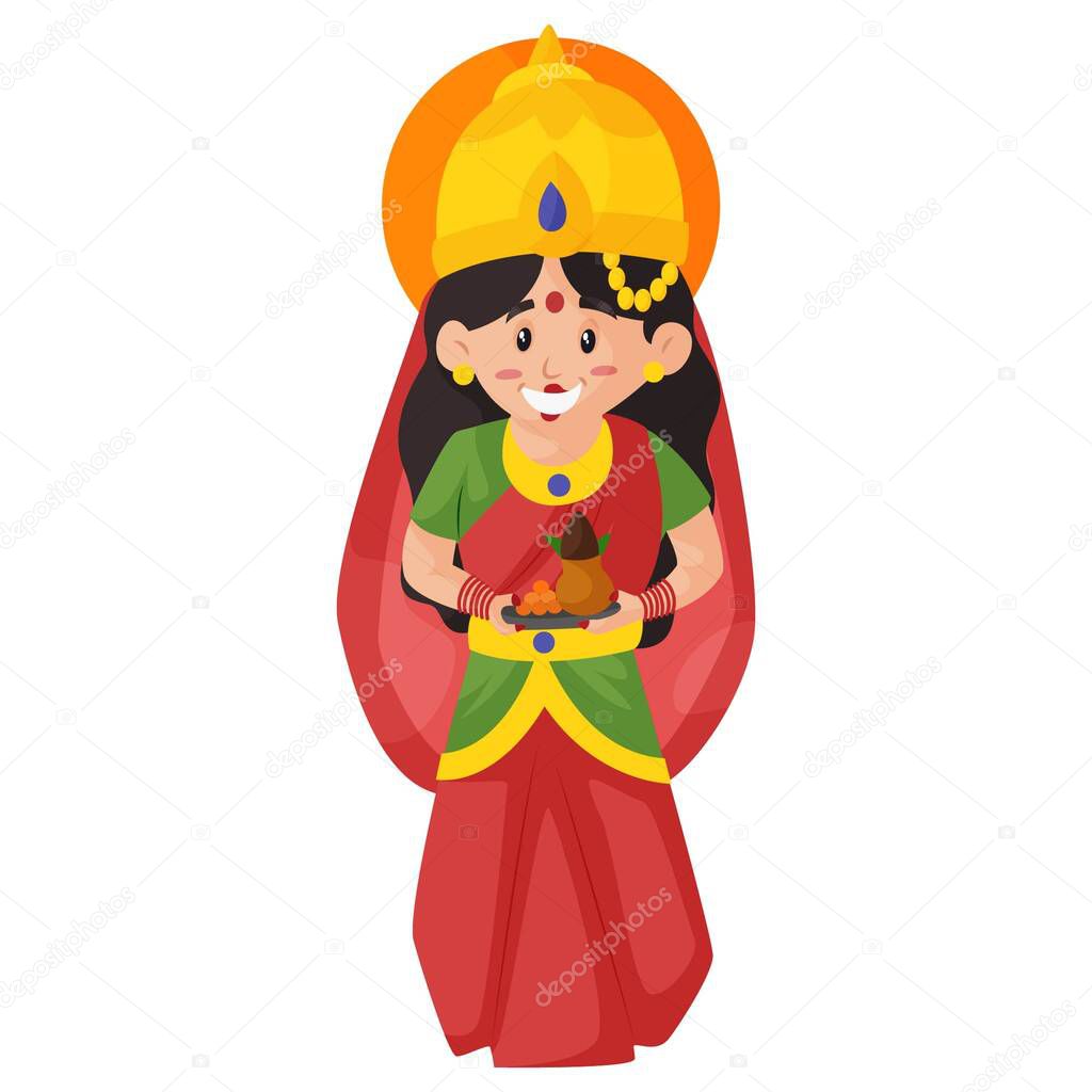 Goddess Lakshmi is holding the worship plate. Vector graphic illustration. Individually on white background.