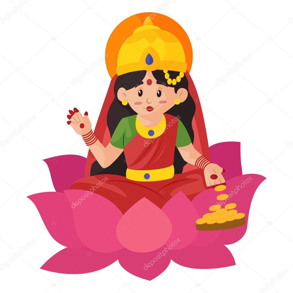 Goddess Lakshmi is sitting on a lotus flower and giving a blessing. Vector graphic illustration. Individually on white background.