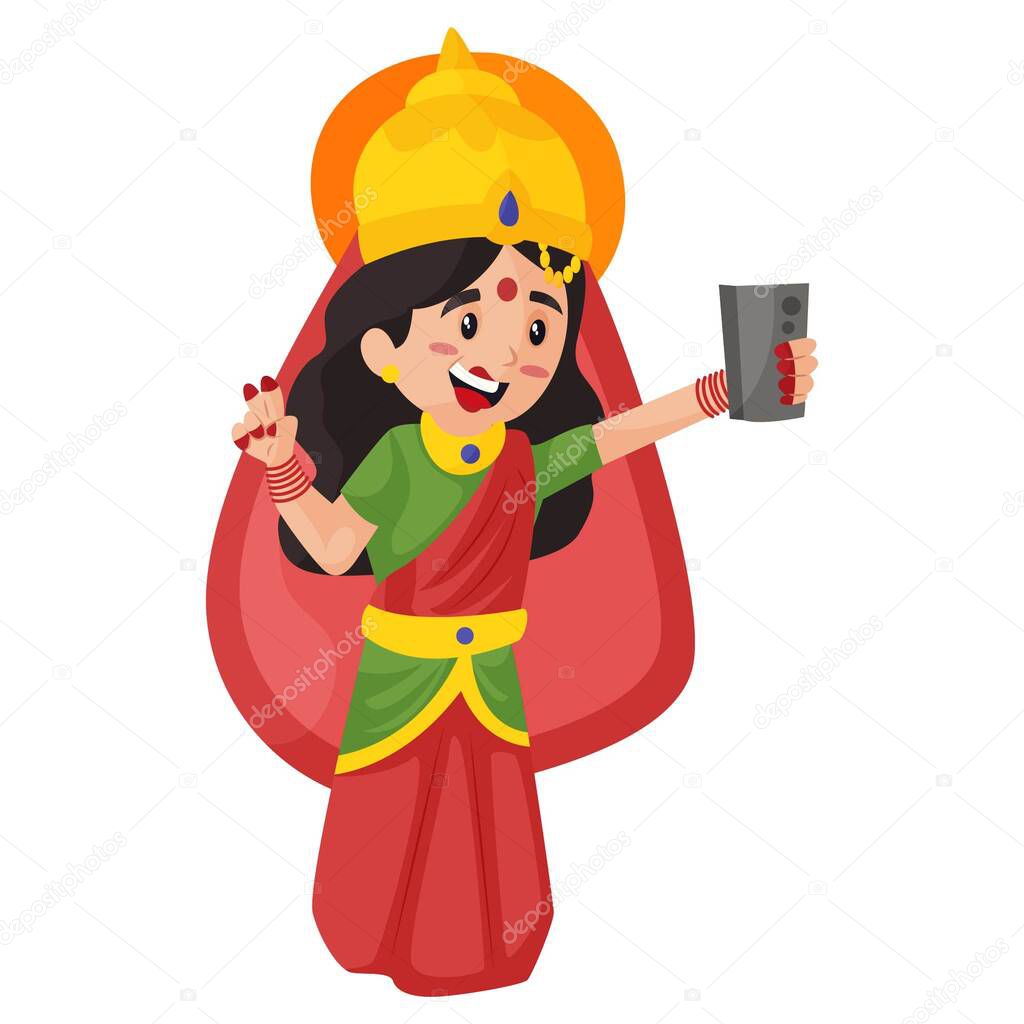 Goddess Lakshmi is taking a selfie with her phone. Vector graphic illustration. Individually on white background.