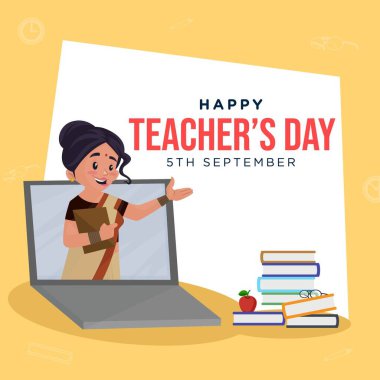 Mutlu öğretmenler günü çizgi film tarzı pankart tasarım şablonu.