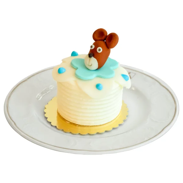 Mini pastel de celebración de cumpleaños decorado con figuras de animales para fiesta de niños —  Fotos de Stock