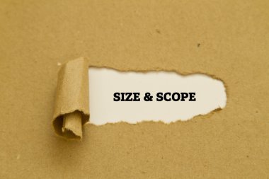 The phrase Size and Scope written under torn paper. clipart