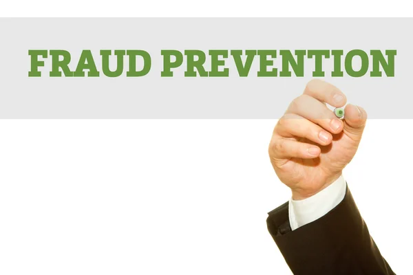 Cropped Shot Businessman Writing Fraud Prevention Inscription Isolated White — Stock Photo, Image