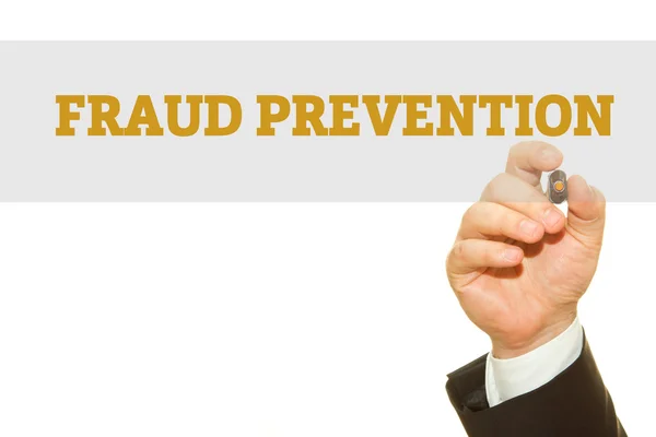 Cropped Shot Businessman Writing Fraud Prevention Inscription Isolated White — Stock Photo, Image