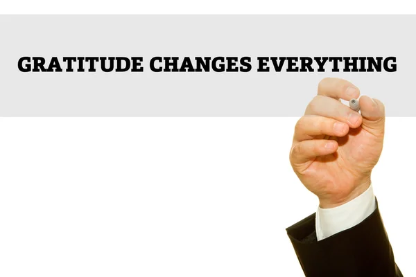 Cropped Shot Businessman Writing Gratitude Changes Everything Inscription Isolated White — Stock Photo, Image