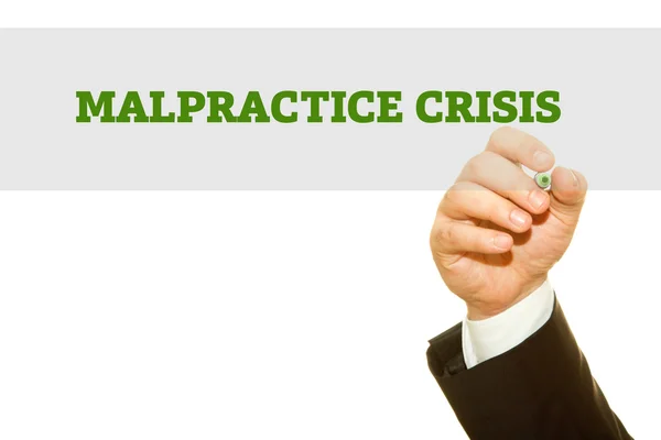 Cropped Shot Businessman Writing Malpractice Crisis Inscription Isolated White — Stock Photo, Image