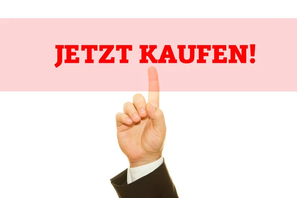 Uomo mano scrivendo slogan tedesco "Jetzt kaufen!" (acquista ora!) su una lavagna trasparente . — Foto Stock