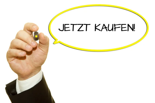 Tiro Cortado Empresário Escrevendo Inscrição Jetzt Kaufen Isolado Branco — Fotografia de Stock