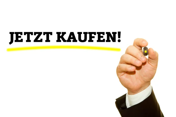 Abgeschnittene Aufnahme Eines Geschäftsmannes Der Inschrift Jetzt Kaufen Auf Weiß — Stockfoto