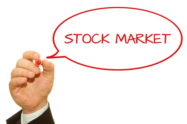 Tiro Recortado Empresário Escrevendo Inscrição Mercado Ações Isolado Branco — Fotografia de Stock