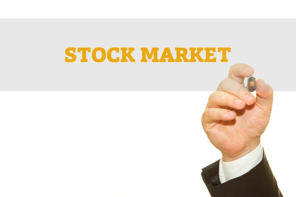 Tiro Recortado Empresário Escrevendo Inscrição Mercado Ações Isolado Branco — Fotografia de Stock