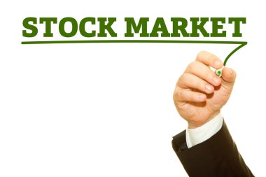 Borsa yazıt üzerinde beyaz izole yazma işadamı kırpılmış atış