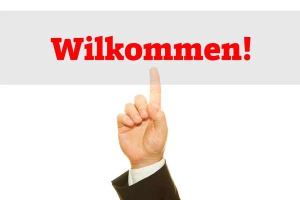 Hand aufs Herz! auf einem transparenten Wischbrett. Willkommensbotschaft in deutscher Sprache. — Stockfoto