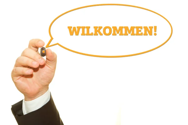Recortado Disparo Hombre Negocios Escritura Wilkommen Inscripción Aislada Blanco — Foto de Stock