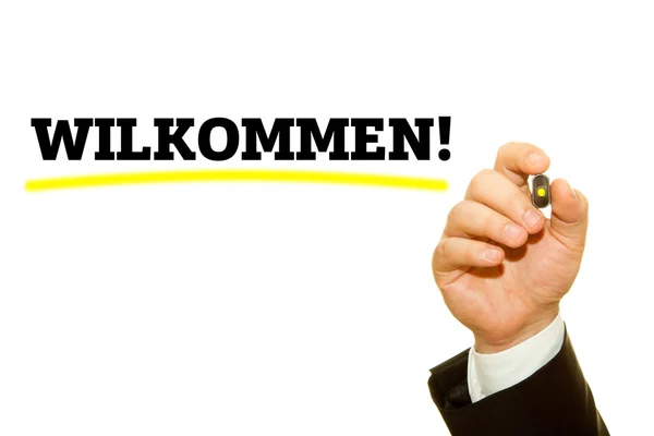 Bijgesneden Schot Van Zakenman Schrijven Wilkommen Inscriptie Geïsoleerd Wit — Stockfoto