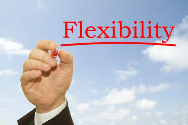 Cropped Shot Businessman Writing Flexibility Inscription Front Cloudy Sky — Stock Photo, Image
