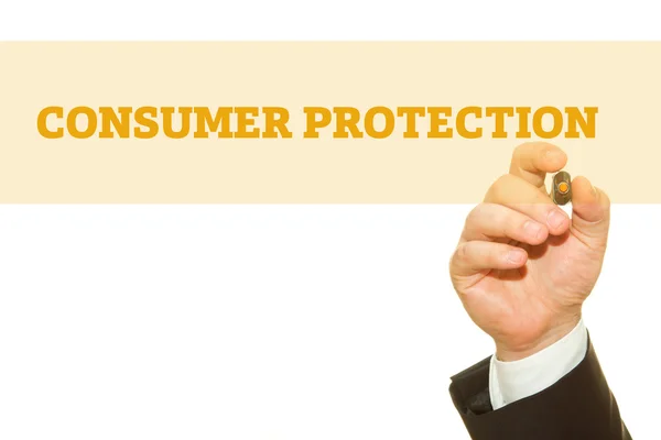 Tiro Cortado Empresário Escrevendo Inscrição Proteção Consumidor Isolado Branco — Fotografia de Stock