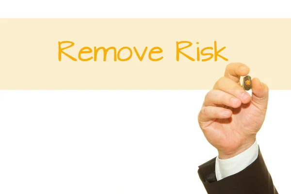 Cropped Shot Businessman Writing Remove Risk Inscription Isolated White — Stock Photo, Image