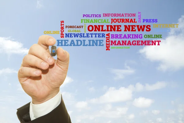 Cropped Shot Businessman Writing Online News Inscription Front Sky — Stock Photo, Image