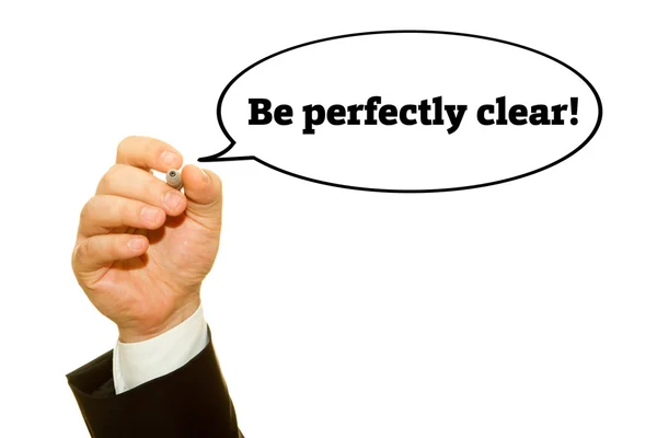 Escritura a mano "Sé perfectamente claro" en un panel de limpieza transparente . — Foto de Stock