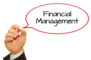 Finansal Yönetim yazıt üzerinde beyaz izole yazma işadamı kırpılmış atış